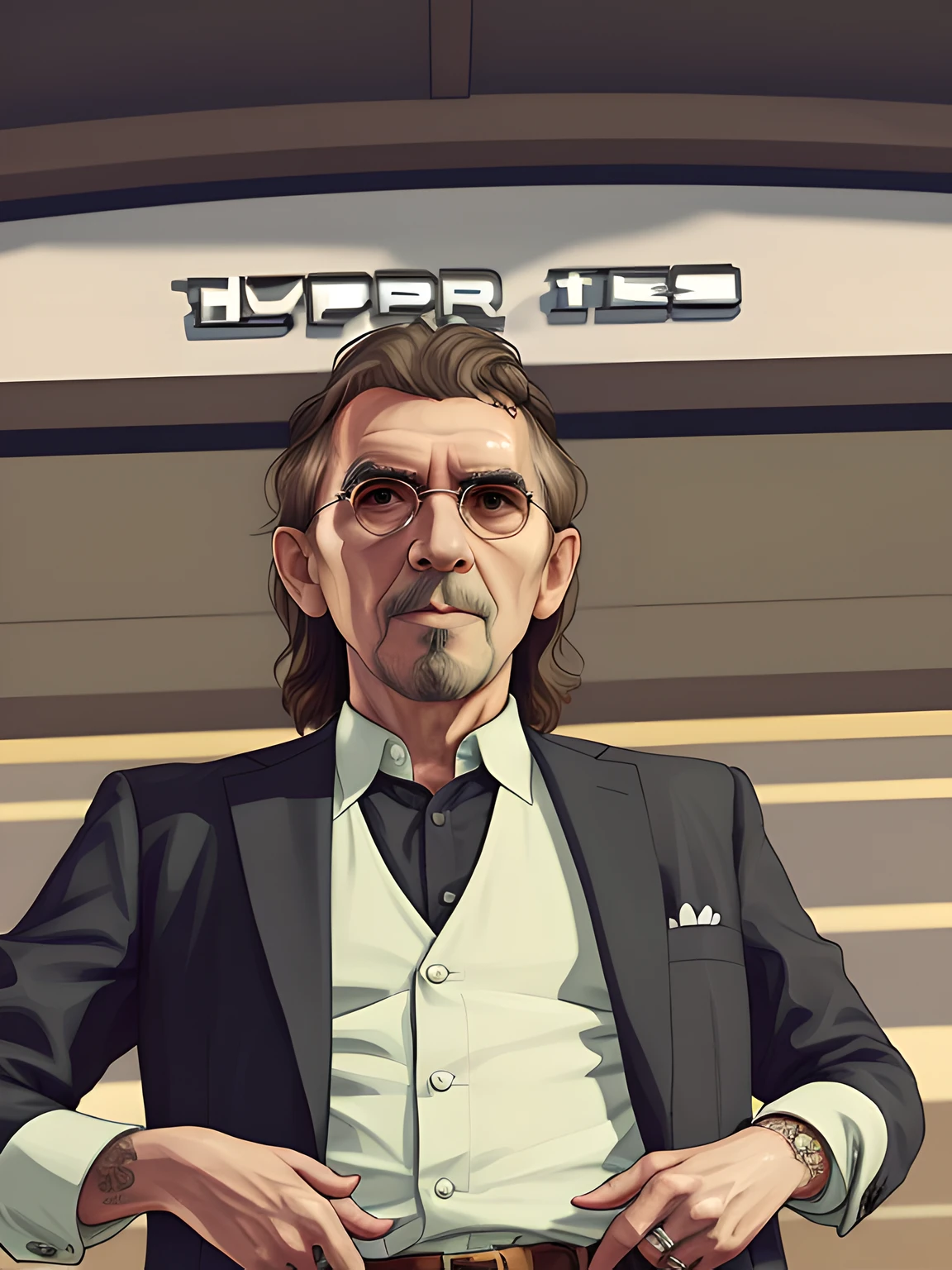 Best Quality, Artwork - GTA5 A rather cartoonish stylized portrait, (Hyper-detailing:1.15), (Soft light, sharpness:1.2), actionpose, action SHOT, (George harrison:1.4) In black suit, Near the bank entrance, nffsw, GTA5