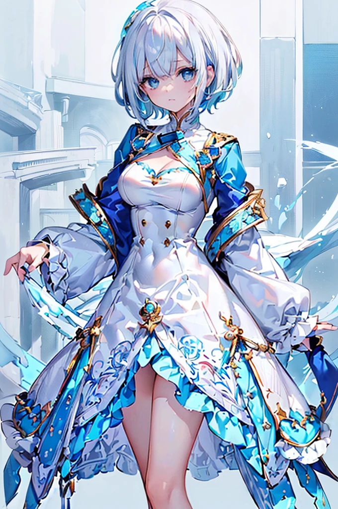 (top-quality、in 8K、32K, (Masterpiece, Slim Body, Delicate Fingers: 1.2), Best Quality, (Illustration: 1.2), (Hyper Detail), Eye Focus, Ultra Detail, (Fine Detail), (Intricate Detail), HDR, (Ultra Detail: 1.15), (Soft Light: 1.2), (1 girls), Wear, ((nobility lady cloth), (neat outfit:1.5), (costume with blue accents: 1.2), (white shirt) , (blue jacket: 1.3), (short white pant), (White hair and blue highlights),cyan eyes, ager, medium, short hair, solo, multicolored hair, ahoge, (medium breasts:1.2), high quality, best quality, full body image,