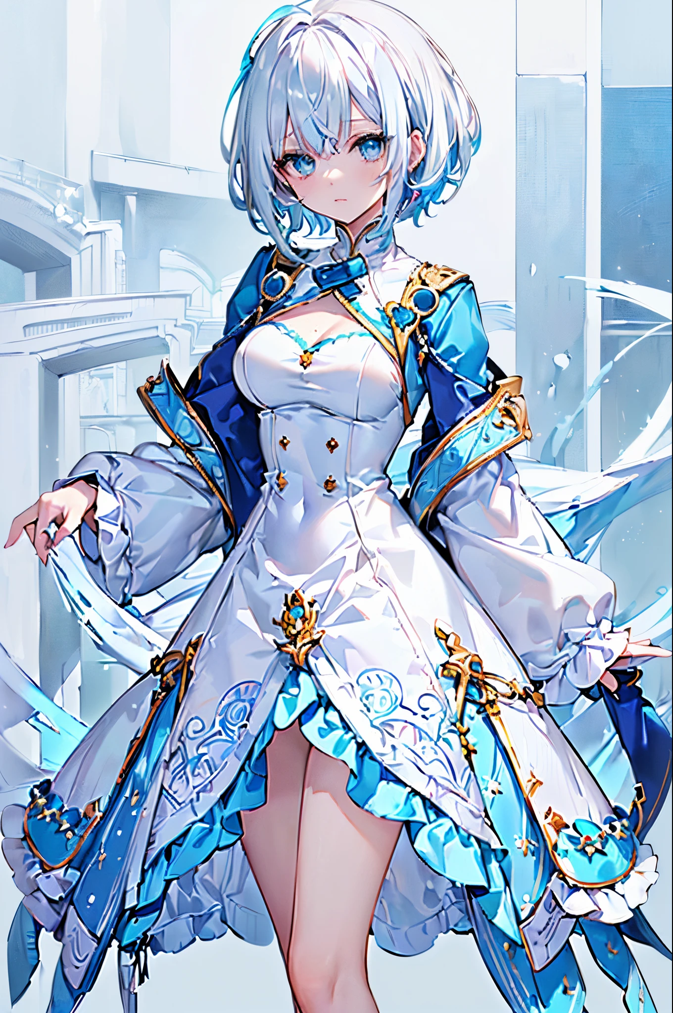 (top-quality、in 8K、32K, (Masterpiece, Slim Body, Delicate Fingers: 1.2), Best Quality, (Illustration: 1.2), (Hyper Detail), Eye Focus, Ultra Detail, (Fine Detail), (Intricate Detail), HDR, (Ultra Detail: 1.15), (Soft Light: 1.2), (1 girls), Wear, ((nobility lady cloth), (neat outfit:1.5), (costume with blue accents: 1.2), (white shirt) , (blue jacket: 1.3), (short white pant), (White hair and blue highlights),cyan eyes, teenager, medium, short hair, solo, multicolored hair, ahoge, (medium breasts:1.2), high quality, best quality, full body image,