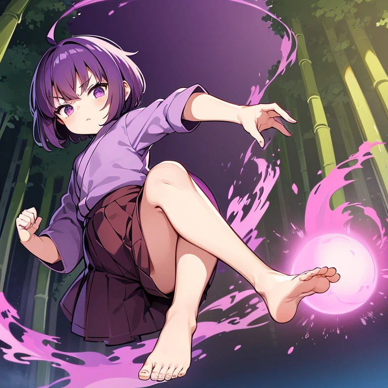 1 Little anime kid girl with purple short hair and purple eyes wearing an ancient purple Japanese shirt and brown pants with no shoes. She levitating in the air looking angry with her fist balled up in a bamboo forest in front of a full red moon in the purple night sky