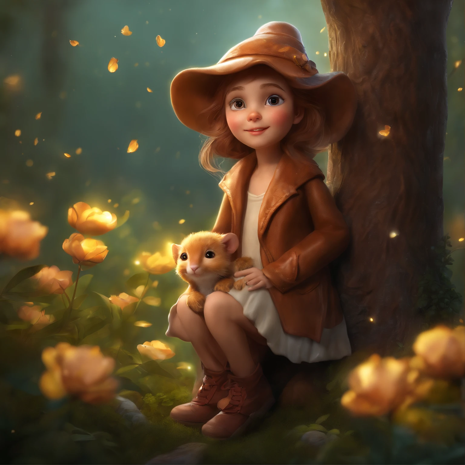 真实感, Realism, 真实感, Realism, Close up of cute tiny fireflies around a huge oak tree, Morning lighting, dew, illuminate the bush, a detailed painting, cgsociety, Detailed painting, artstation hd, high detail, cgsociety, photo realism, Concept art, artstation hd, official arts, bokeh  ,Close up of cute tiny fireflies, illuminate the bush, a detailed painting, cgsociety, Detailed painting, artstation hd, high detail, cgsociety, photo realism, Concept art, artstation hd, official arts, bokeh ,gremlin, like a little gopher, ite girl, New Year's cap, in a brown leather dress, New Year&#39;s cap on the head, Huge eyes, Small ears, flower in paw, white and red fur, large red tail with white tip, pink and yellow wool coat, The clothes, Best Quality, Masterpiece, in style of dark fantasy art, in the style of fairy tale fantasy,