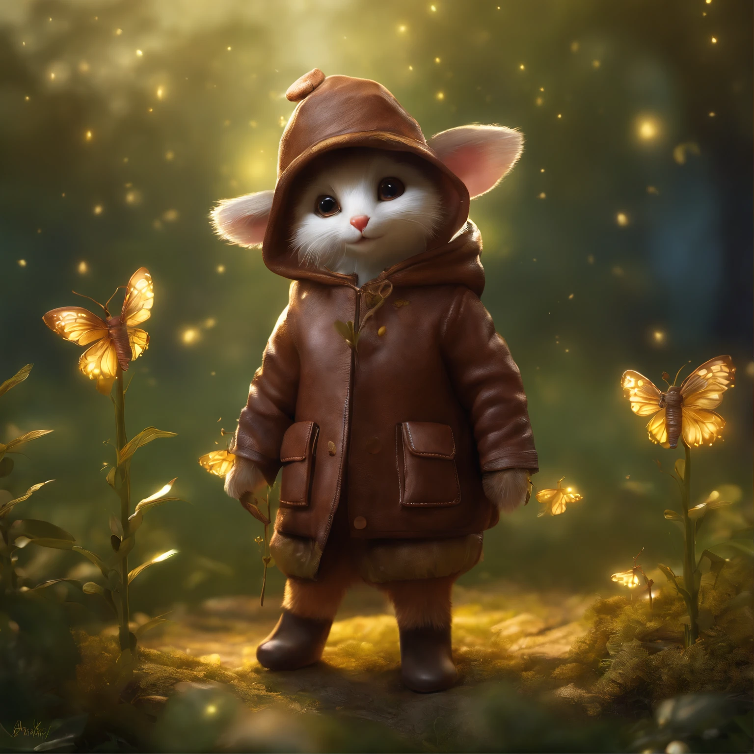 真实感, Realism, 真实感, Realism, Close up of cute tiny fireflies around a huge oak tree, Morning lighting, dew, illuminate the bush, a detailed painting, cgsociety, Detailed painting, artstation hd, high detail, cgsociety, photo realism, Concept art, artstation hd, official arts, bokeh ,Close up of cute tiny fireflies, illuminate the bush, a detailed painting, cgsociety, Detailed painting, artstation hd, high detail, cgsociety, photo realism, Concept art, artstation hd, official arts, bokeh ,gremlin, like a little gopher, petite girl, New Year's cap, in a brown leather dress, New Year's cap on the head, Huge eyes, Small ears, flower in paw, white and red fur, large red tail with white tip, pink and yellow wool coat, The clothes, Best Quality, Masterpiece, in style of dark fantasy art, in the style of fairy tale fantasy,