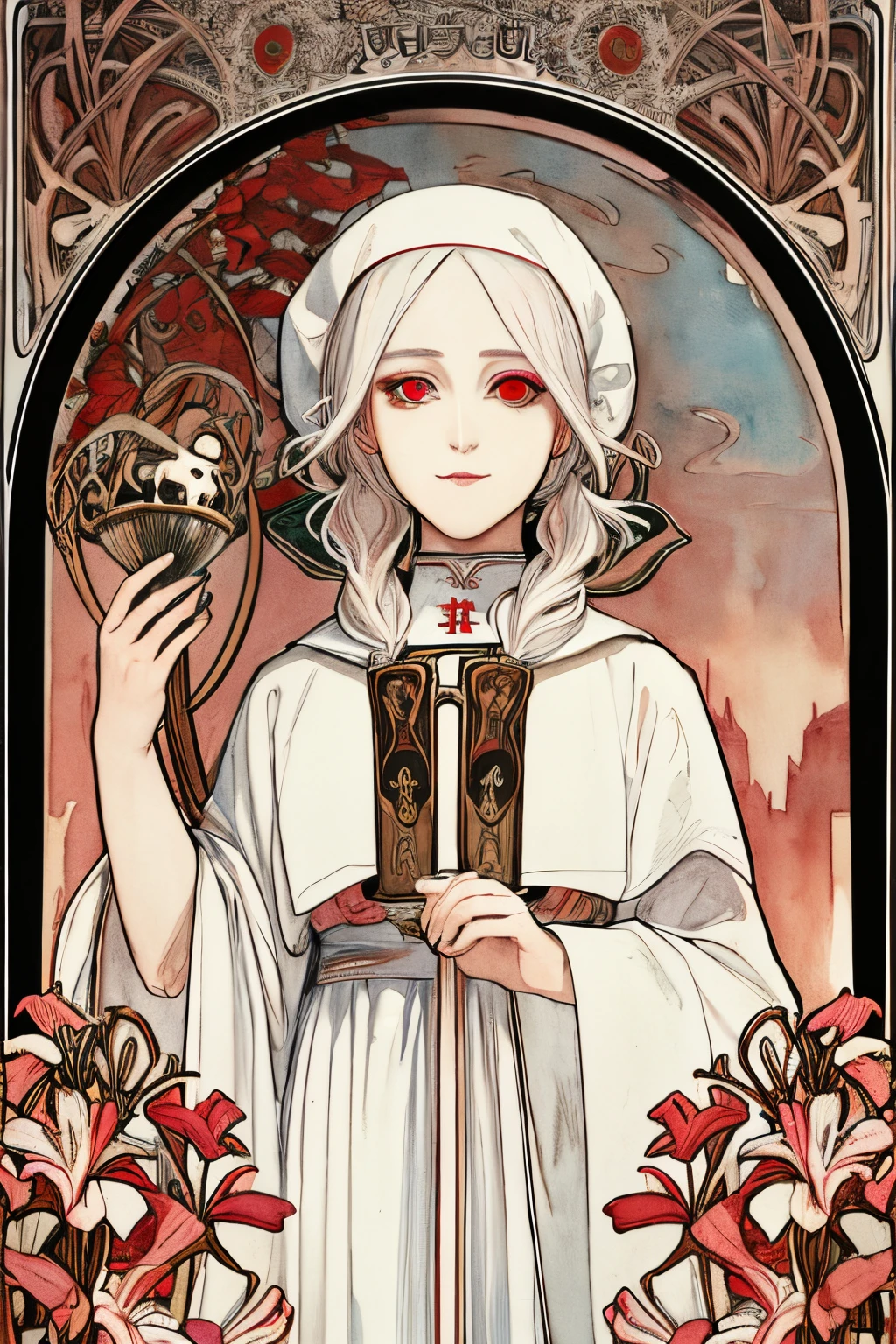 SFW,masutepiece, Best Quality, High resolution, 1girl, upper body, Details , detail hands, Detail fingers, Detail Face, detail legs, watercolor paiting, in graveyard, white hair, pigtails, wavy hair, white clothes, red eyes, skull, bone, (art nouveau:1.25), Maximalism artstyle, neon theme, suprematism, beautiful detailed eyes, hyper detailed, beautifuly color, high details, high quality, back light, upper body, high quality, hair with body, white lilys, evil grin, human hands, priest, poisoned chalice