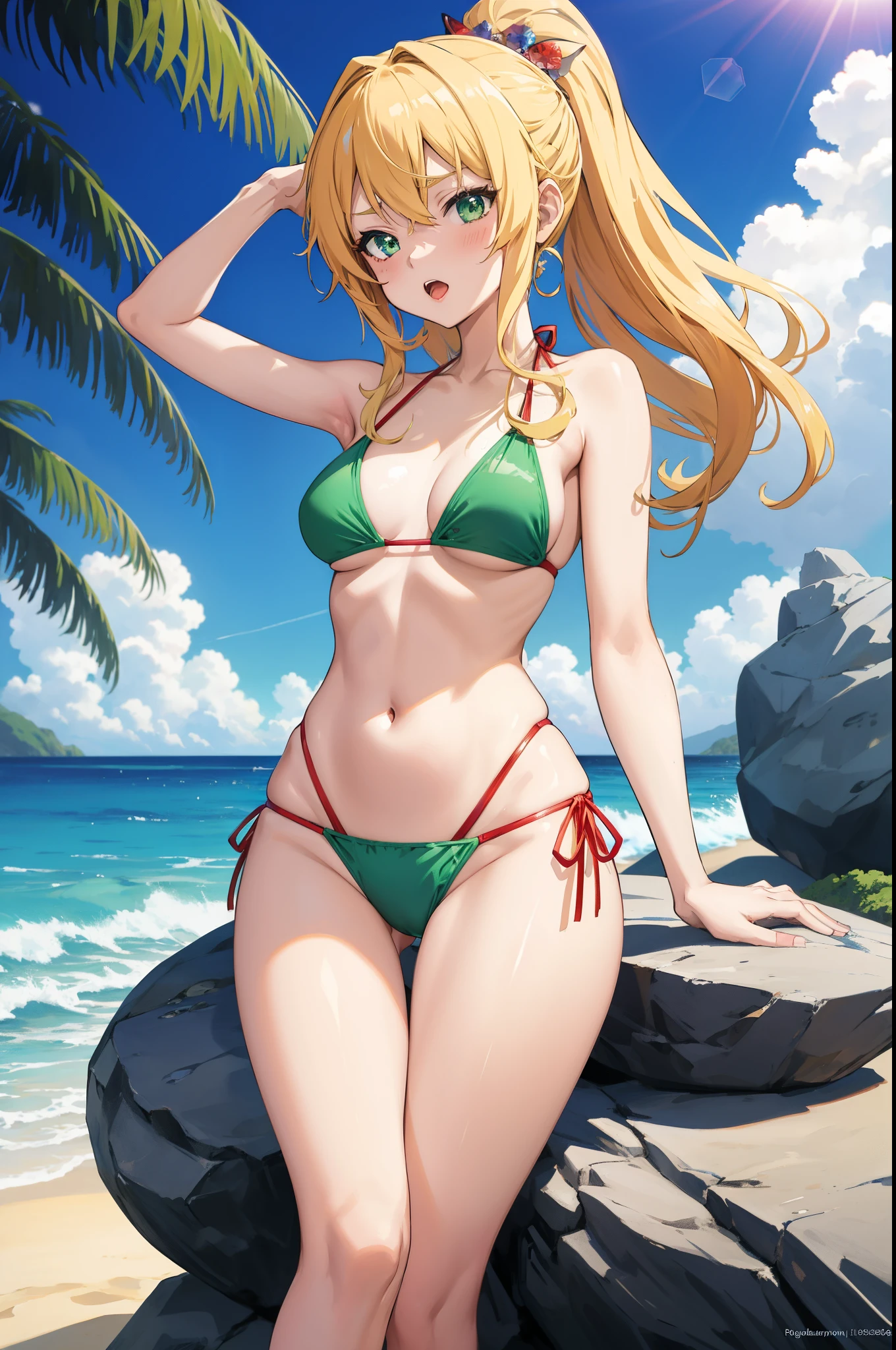 anime girl in bikini on a rock by the beach, seductive anime girl, swimsuit, green bikini, wearing a swimsuit, attire: bikini, at the beach, bathing suit, on a sunny beach, in the beach, at a beach, in bikini, anime best girl, in a bikini