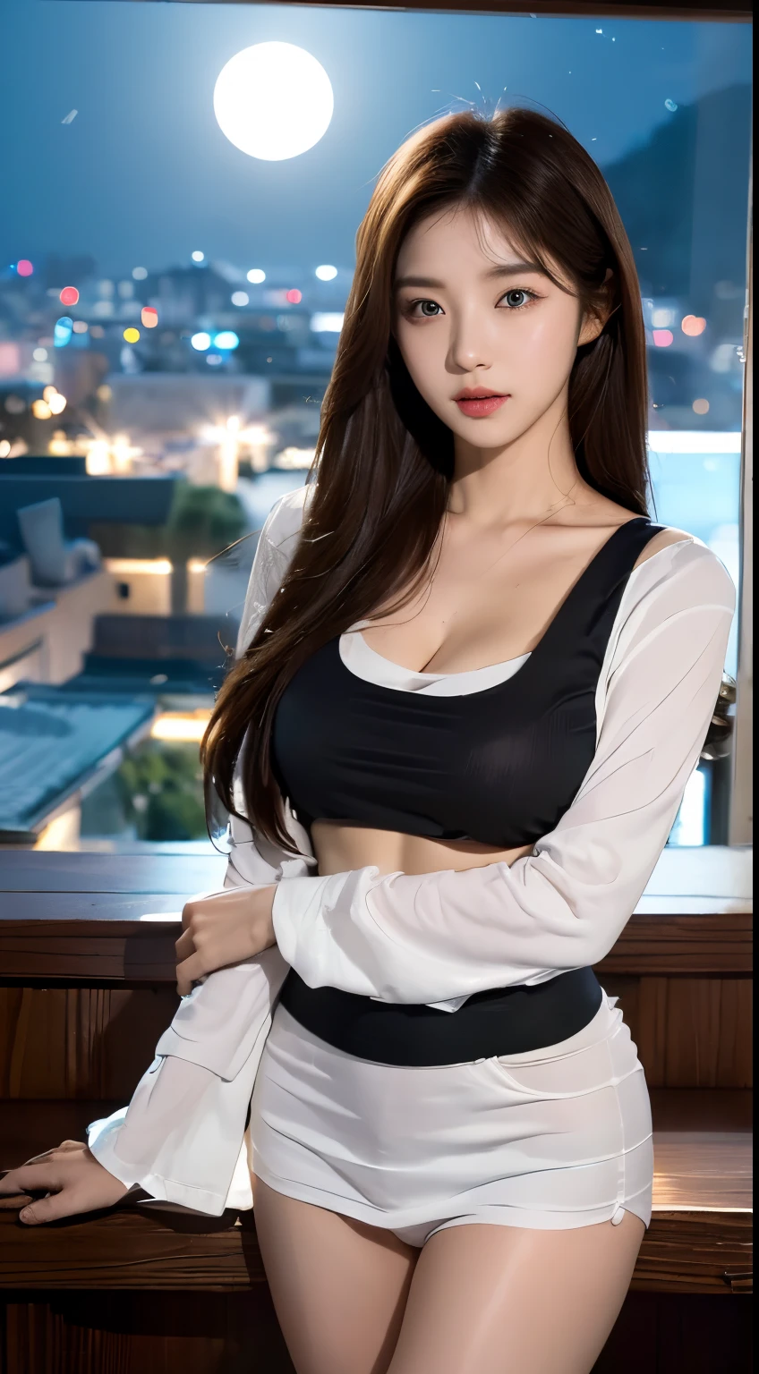 ((full moon night , Best quality, 8k, Masterpiece :1.3)), Whole body, Long legs, Sharp focus :1.2, A beautiful girl with perfect figure :1.4, perfect body abs :1.1, ((Dark brown hair, medium breasts :1.2)), (White tight tshirt, Jean bib, Standing:1.2), ((city view,), Highly detailed face and skin texture, Detailed eyes, Double eyelid