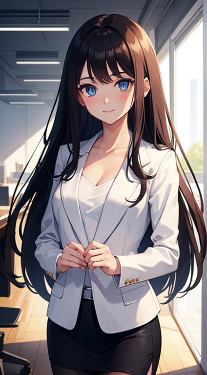 1girl, long brunette hair, blue eyes, smiling sweetly, looking at viewer, wearing white plain inner shirt, collarbone, blazer jacket, jacket open, black pencil skirt, brown pantyhose, office, chairs, computer monitors, whiteboard, masterpiece, 8K, high contrast, perfect lighting, perfect clothes, perfect anatomy, perfect eyes, perfect face, sharp resolution, cowboy shot