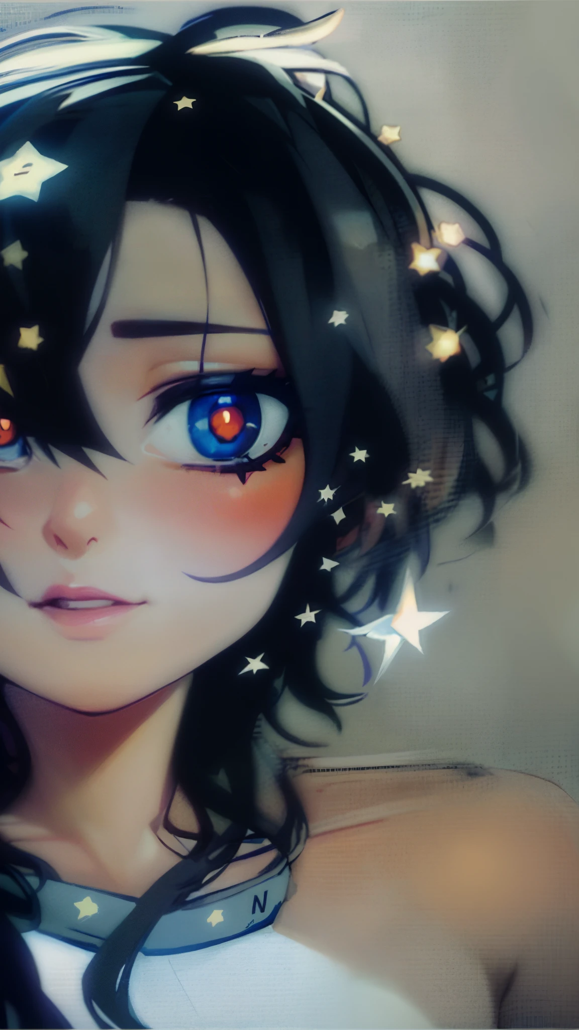 a close up of a woman with a headband with stars on it, with stars, with kind face, wearing angel halo, with accurate face, blurry image, tumblr, face picture, asian face, wearing angel halo covered face, with round face, face brightly lit, potrait, profile image, stars in her eyes, background heavenly, non blurry