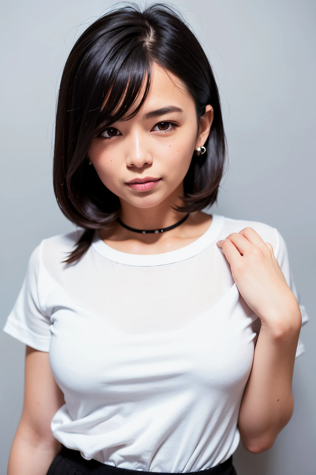 a woman with a white shirt and black hair  posing for a picture with a white background and a white wall,best quality, best lighting, best clarity,