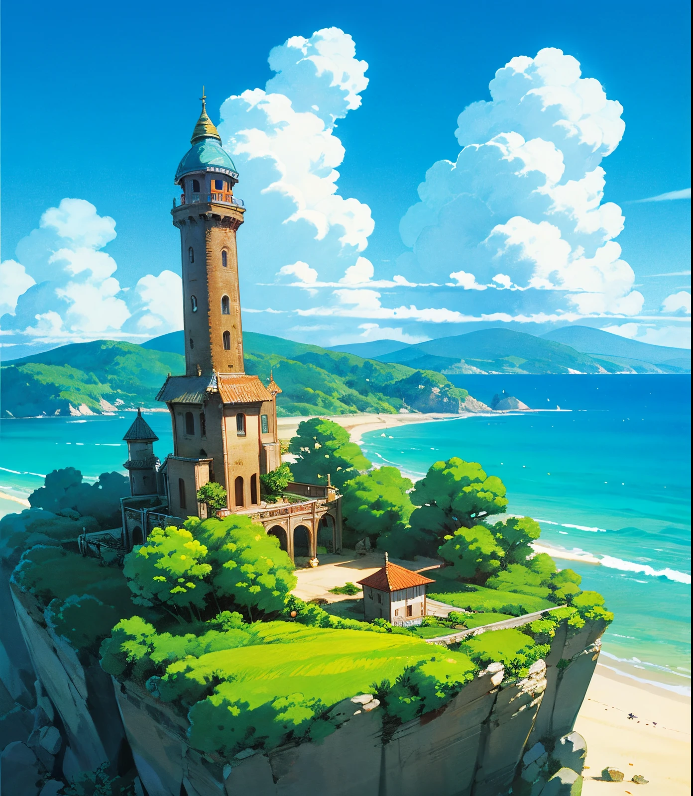(GHIBLI_Background),(((best quality))),photo of an island, distant photo, appear horizon, huge sea, giant circular tower on the island, architecture, blue sky, building, day, fantasy, island, landscape, sea, beautiful day, landscape, sky, tree, beach distant image