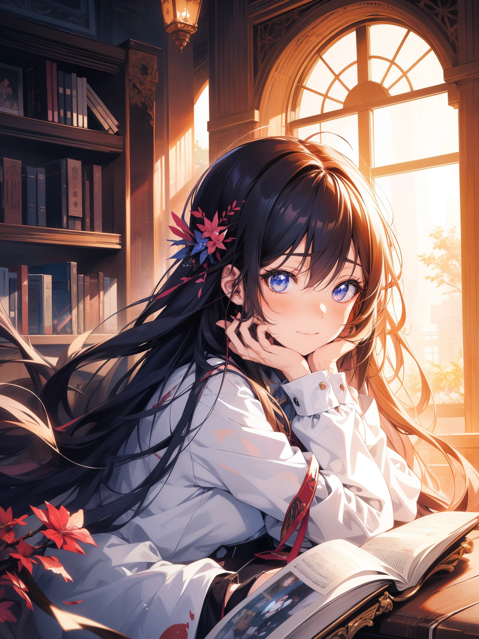 Anime girl with long hair sitting in the library and looking at books,Conflicted and difficult face, anime style 4 k, Anime visuals of cute girls, anime moe art style, Detailed Digital Anime Art, Beautiful Anime Portrait, digital anime art, young anime girl, high detailed official artwork, epic light novel art cover, digital anime illustration, clean detailed anime art