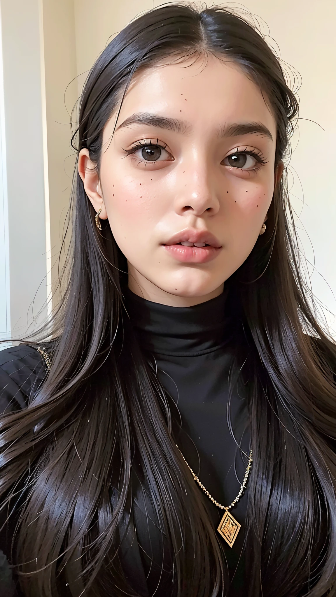 There a woman with long black hair and a necklace in, cabelos pretos e olhos grandes, lindo rosto latino, 18 anos, pale-skinned persian girl, thick lips, Violeta Myers, Parece Fabiula Nascimento, imagem de perfil, lorde, female with long black hair, 1 6 anos, cabelo preto ondulado, pele de azeitona
