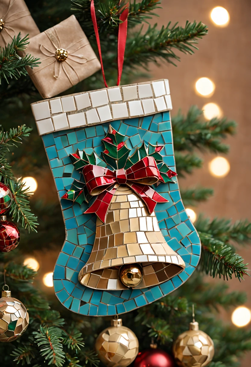 A cute mosaic Christmas bell hanging on the Christmas tree and a cute mosaic Christmas stocking