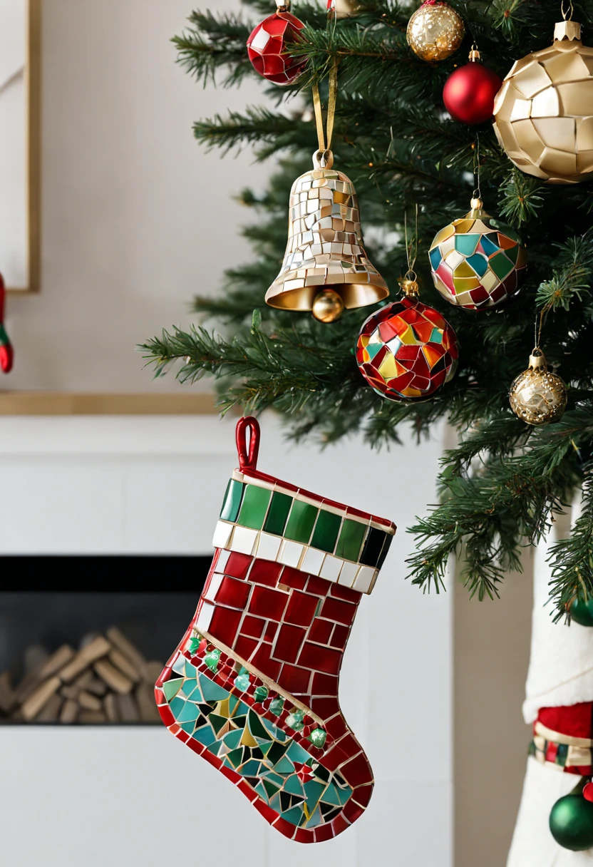 A cute mosaic Christmas bell hanging on the Christmas tree and a cute mosaic Christmas stocking