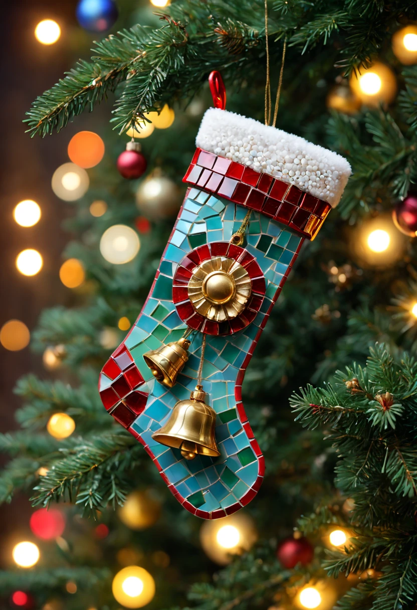 (a cute mosaic Christmas bell hanging on the Christmas tree, a cute mosaic Christmas stocking) (best quality,4k,8k,highres,masterpiece:1.2),ultra-detailed,(realistic,photorealistic,photo-realistic:1.37),vibrant colors,soft lighting,ornate ornaments,winter wonderland,sparkling lights,shimmering reflections,cozy atmosphere,magical ambiance,HDR,holiday spirit,mysterious shadows,delicate patterns,precise details,exquisite craftsmanship,joyful celebration,festive vibes,merry and bright scenery,warmth and happiness,traditional and nostalgic vibes