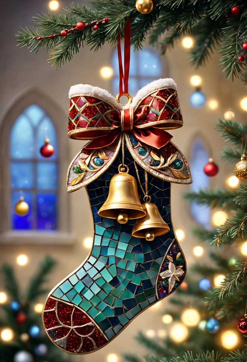 (a cute mosaic Christmas bell hanging on the Christmas tree, a cute mosaic Christmas stocking) (best quality,4k,8k,highres,masterpiece:1.2),ultra-detailed,(realistic,photorealistic,photo-realistic:1.37),vibrant colors,soft lighting,ornate ornaments,winter wonderland,sparkling lights,shimmering reflections,cozy atmosphere,magical ambiance,HDR,holiday spirit,mysterious shadows,delicate patterns,precise details,exquisite craftsmanship,joyful celebration,festive vibes,merry and bright scenery,warmth and happiness,traditional and nostalgic vibes