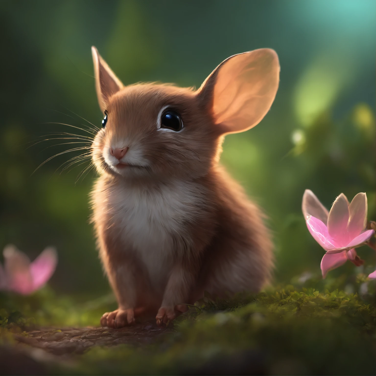 Close-up angle of cute tiny fireflies, illuminating the bush, a detailed painting, cgsociety, Detailed painting, artstation hd, high detail, cgsociety, photo realism, Concept art, artstation hd, official arts, bokeh ,gremlin, like a gopher, ite girl, big breastes, windy character, fighting look, Huge eyes, small ears, gifts in paws, brown fur, short tail, pink leather coat, New Year's cap, The clothes, Best Quality, Masterpiece, in style of dark fantasy art