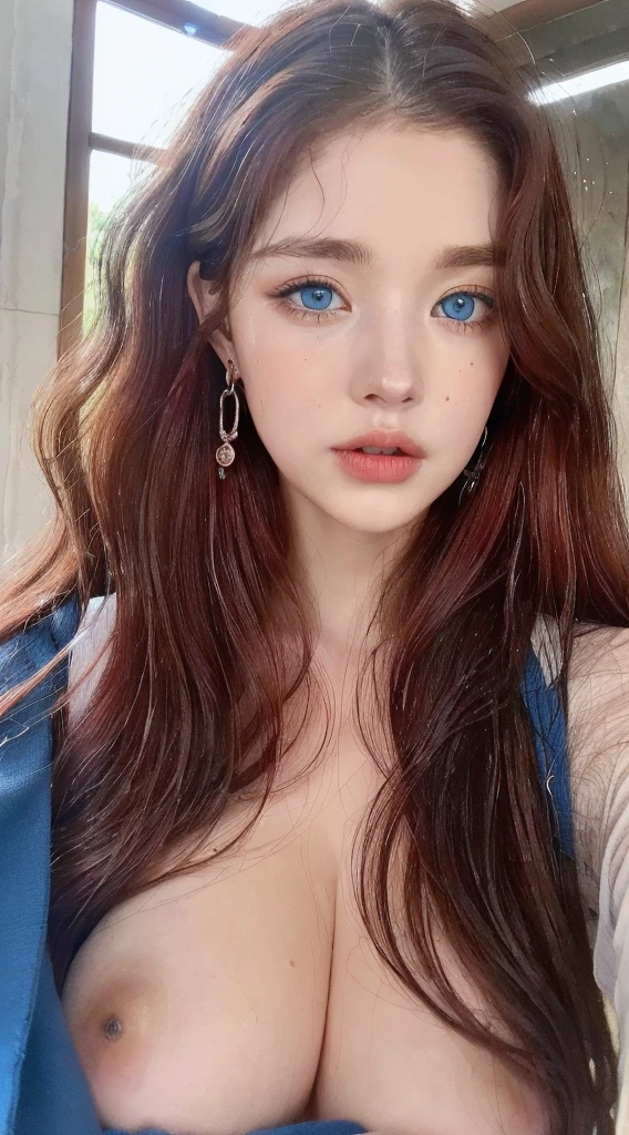 Beautiful handsome woman, ((top quality, 8k, masterpiece:1.retty woman, 1 woman, huge breasts:1.3, slender figure:1.1, elastic red long hair, (shower, wet body, wet clothes:1.1), very detailed face, detailed lips, detailed BLUE EYES, DETAILED BLUE eyes, double eyelids, Detailed blue eyes, red wet hair, wavy red wet hair, wavy red wet hair, huge earrings, middle sized breasts, Blue eyes, innocent stare at the viewer, wet red curly wavy hair, DETAILED BLUE EYES