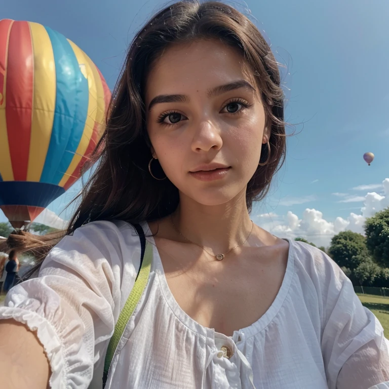 Gere uma imagem realista de uma jovem exploradora digital chamada Aurora Santos. Ela tem 25 anos, tem olhos castanhos expressivos e cabelos pretos com brilho natural. Its vibrant and authentic appearance, reflecting a mix of curiosity and elegance. Veja-se com estilo Equilibrando conforto e moda , she is inside the basket of a balloon flying in the sky (wide shot catching the balloon and the young woman)