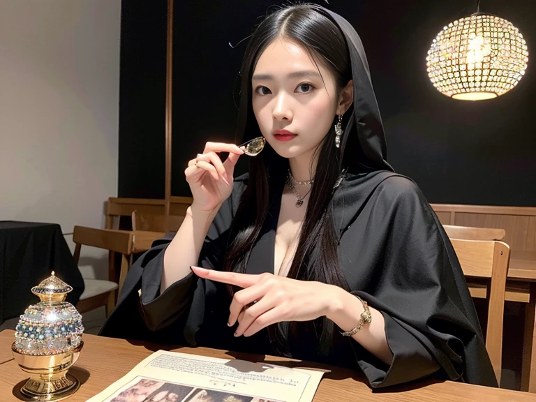 Top image quality、Photorealsitic、16K，​masterpiece、masuter piece、The most beautiful Japanese woman、fortune-telling using crystals、fortune teller、black cloak、darkened room、the crystal is on the table、the fortune teller is sitting on a chair、