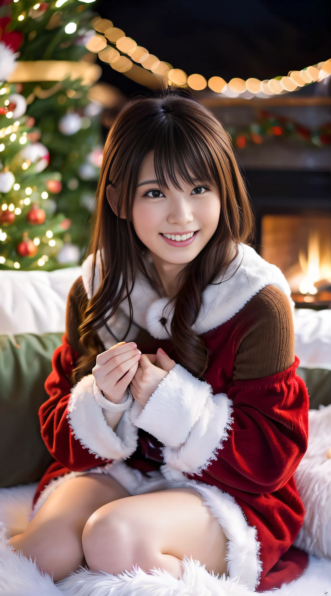 (Best Quality,4K,hight resolution,masutepiece:1.2),Realistic,Christmas,girl (28 year old),Hugging a big teddy bear,stuffed animal,Wear warm clothes,Snow falling in the background,Winter wonderland,Joyful expression,Magical atmosphere,Soft lighting,Vivid colors,Happiness,laught,Welcoming environment,Warmth,Smiling eyes,Curly hair,Shimmering decoration,Twinkling lights,toy train set,wrapped present,Rooftop with Santa Claus and reindeer flying in the distance,magic snowflake,christmas tree with ornaments,log cabin,curl up near the fireplace,hot chocolate with marshmallows,Peace and quiet,Excitement and anticipation,Snowy landscape,childhood innocence,Enchanted moments,Playful laughter,Upholstered stockings,Holiday spirit,love and togetherness.thighs thighs thighs thighs、off shoulders