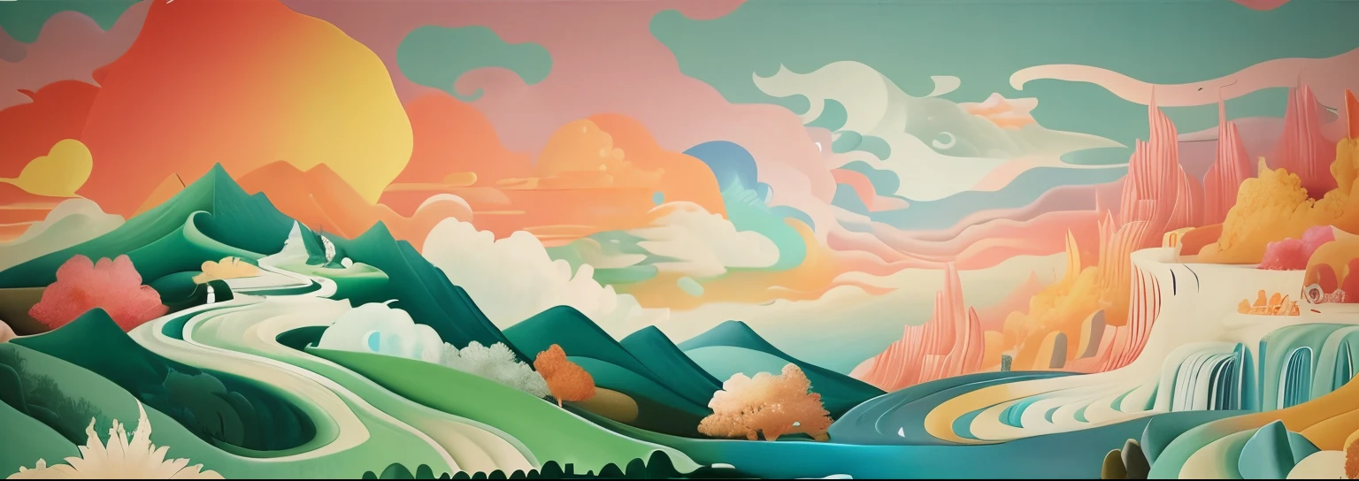 A colorful landscape mural，There are waterfalls and fish, painting of a dreamscape, a surreal dream landscape, Whimsical fantasy landscape art, Chinese hyper reality, by Yan Hui, author：Li Tiefu, Colorful flat surreal ethereal, In a surreal dreamscape, stylised painting, James Jean Soft Light 4K, James Jean Soft Light 4K, swirling scene