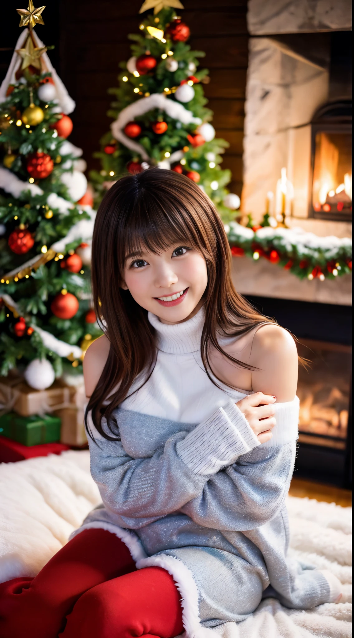 (Best Quality,4K,hight resolution,masutepiece:1.2),Realistic,Christmas,girl (28 year old),Hugging a big teddy bear,stuffed animal,Wear warm clothes,Snow falling in the background,Winter wonderland,Joyful expression,Magical atmosphere,Soft lighting,Vivid colors,Happiness,laught,Welcoming environment,Warmth,Smiling eyes,Curly hair,Shimmering decoration,Twinkling lights,toy train set,wrapped present,Rooftop with Santa Claus and reindeer flying in the distance,magic snowflake,christmas tree with ornaments,log cabin,curl up near the fireplace,hot chocolate with marshmallows,Peace and quiet,Excitement and anticipation,Snowy landscape,childhood innocence,Enchanted moments,Playful laughter,Upholstered stockings,Holiday spirit,love and togetherness.thighs thighs thighs thighs、off shoulders