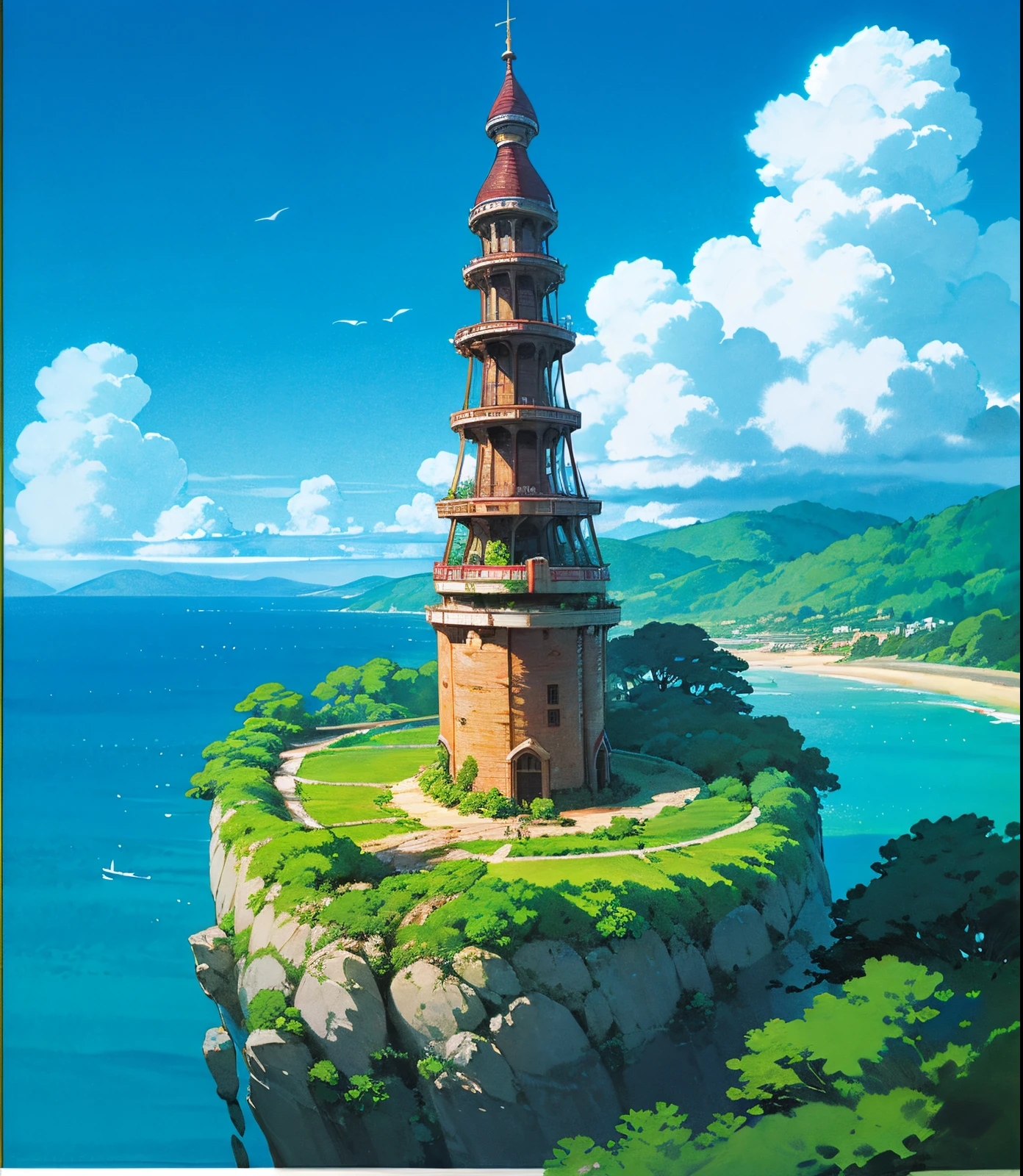 (GHIBLI_Background),(((best quality))),photo of an island, distant photo, appear horizon, huge sea, giant circular tower on the island, dark tower, blue sky, building, day, fantasy, island, landscape, sea , beautiful day, landscape, sky, tree, beach distant image