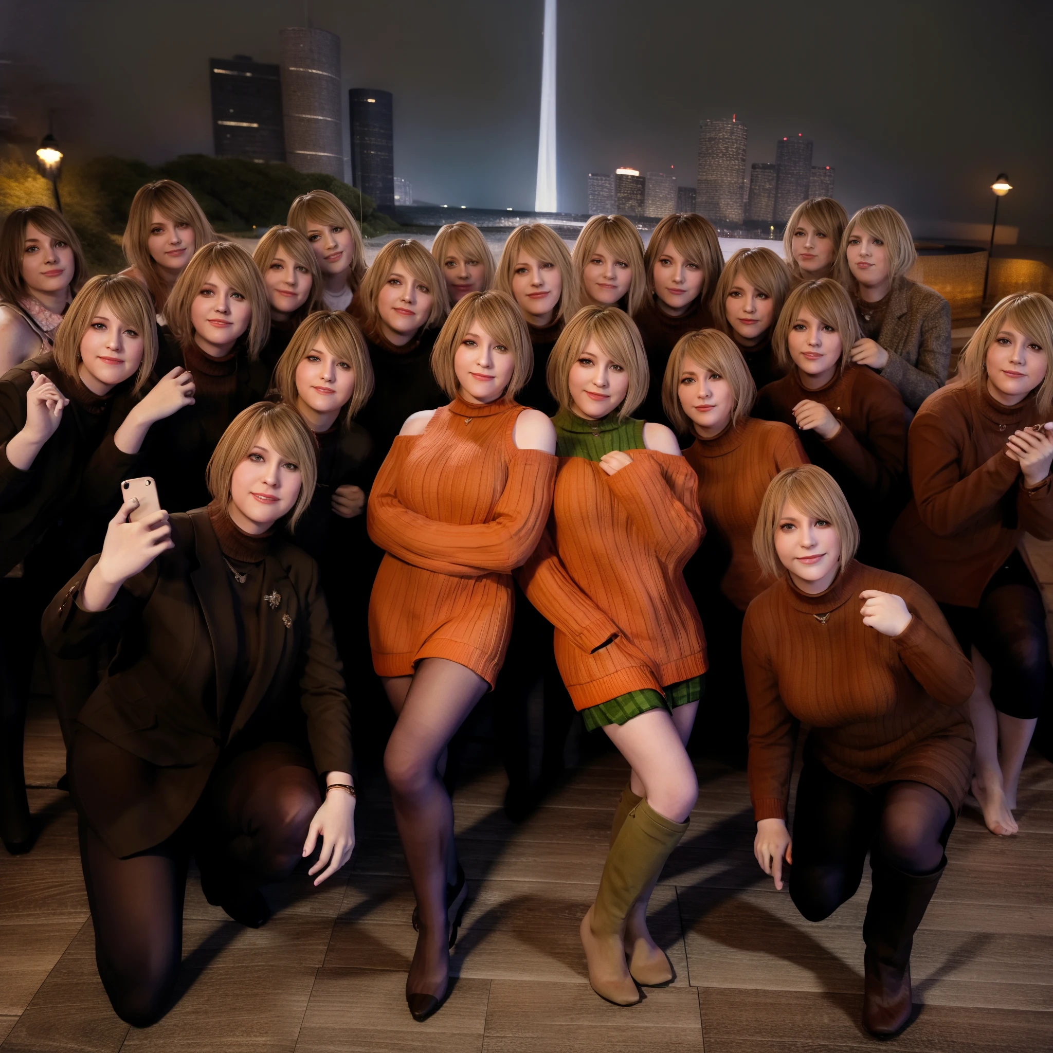 Ashley graham, orange off-shoulder Sweater, Mini green skirt, Brown heels, beautiful face, smile, blonde hair, Hand holding cellphone