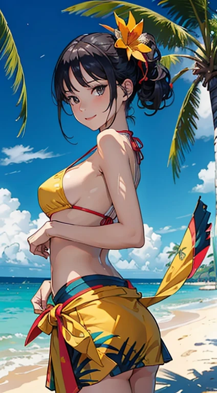 ​masterpiece、top-quality、超A high resolution、 [ 4 k digital art ]!!、 8k high quality detailed art、Wallpaper、 Detailed Digital Anime Art、Realisticity、Cinema Angle、hposing Gravure Idol、((One Beautiful Girl))、cute  face、 (((Detailed depiction of a beautiful face)))、kindly smile、年轻、Bikini swimwear、Photorealistic perfect body、(Bold ethnic patterns wrapped around the waist and skirt and plenty of primary colors)、light Particle、llight rays、Tropical、With each side of palm trees in the background、on a sunny beach、Against the background of the sea、blur backgroun、
