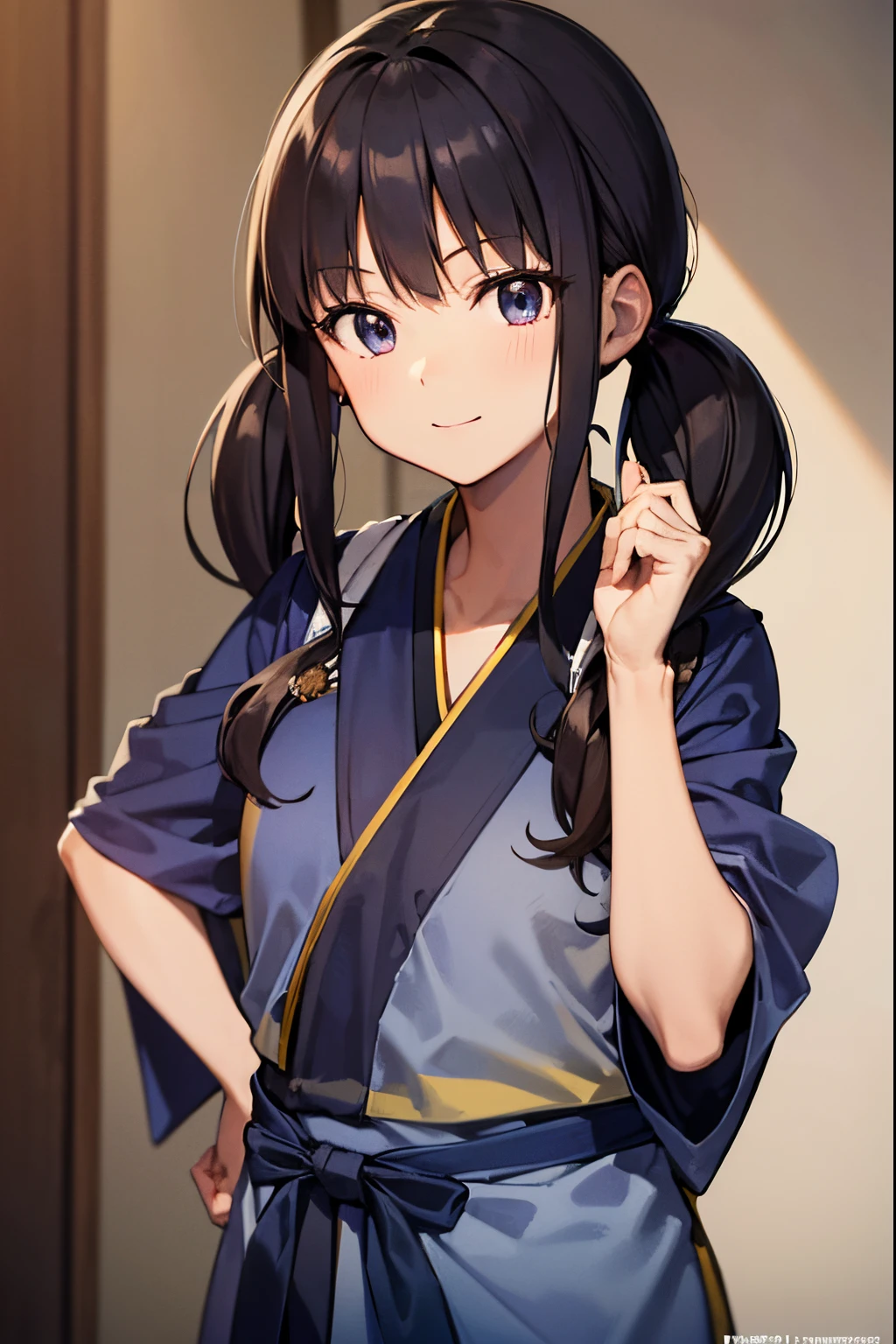 Takiinoue, Takina Inoue, The long-haired, bangss, A dark-haired, (Purple Eye:1.2), (Dark blue kimono:1.4), (Dark blue kimono:1.4), (Lapel Rack:1.3), Japanese style store background:1.3, BREAK (​masterpiece:1.2), Top image quality, hight resolution, Unity 8k壁纸, (illustratio:0.8), (Beautiful detail eyes:1.6), extra detailed face、Perfect litthing、extremely details CG、(perfect hand、perfect anatomia)、Takina Inoue、Inoue,Takina, 1girll, Background in the city, 14 year old luffy hair:1.3), Lower twin tails, A smile