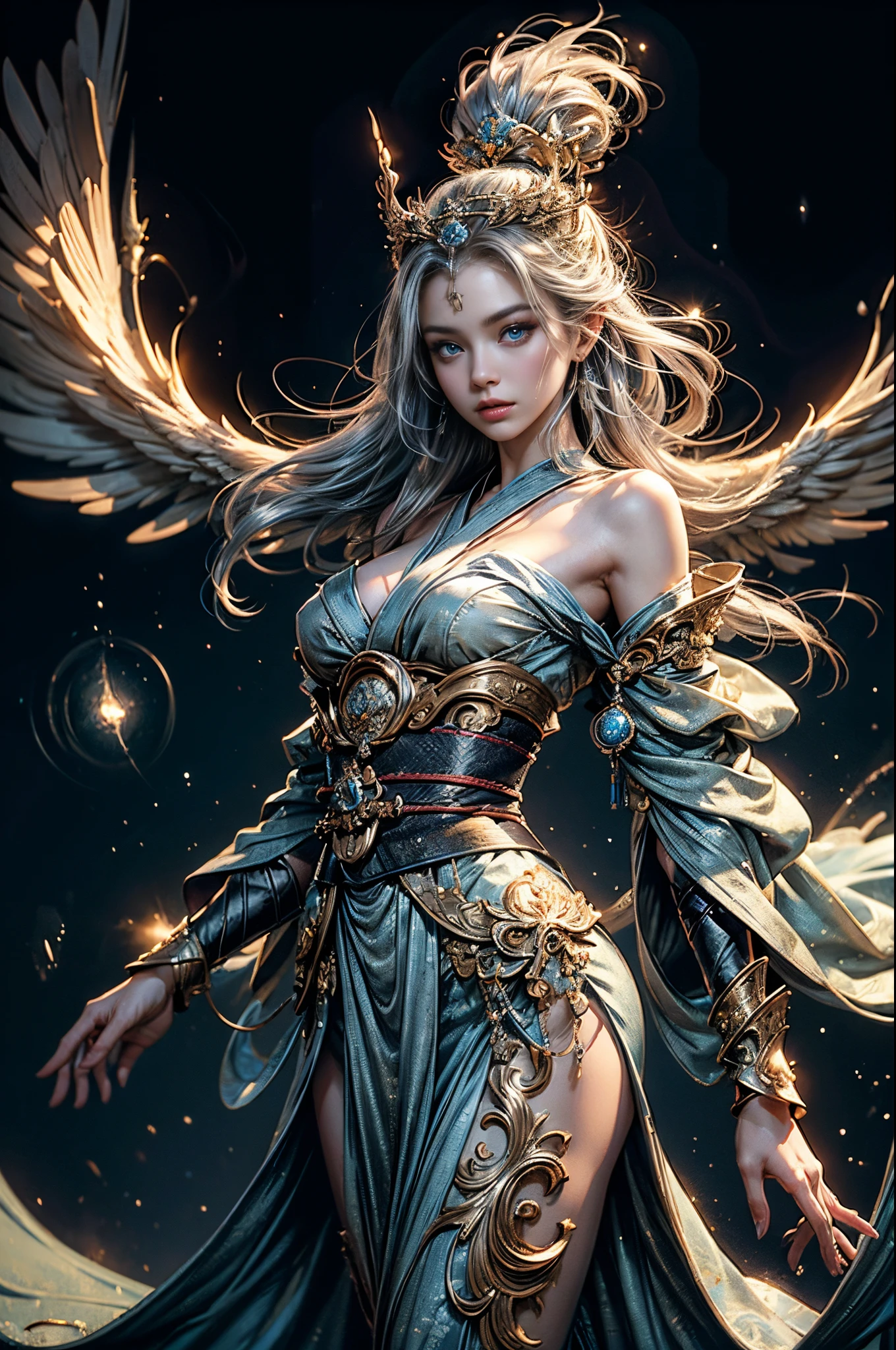 (Photoreal Stick:1.4, masutepiece:1..3, 8K), top-quality, ​masterpiece, 超A high resolution, Perfect dynamic composition, Professional camera work, Grow Light Effect, Mystical portrait, Cinematic Light, Highly detailed skin and facial texture:1.3, The ultra-detailliert, A detailed eye, cosmic space, (myterious:1.3, Fanciful:1.2, tradition:1.2, majestueux:1.2), 1girl in, 25-years old, cute sexy slim female god, Fair skin, (Enraptured look:0.9, Totally captivates you:1.0), (silver japanese kimono:1.3 off shoulder), (voluptuous breasts:0.9), (Backshots, Calm pose), (Beautiful blue eyes, Eyes that feel beautiful eros:0.85), Sexy face:0.4, (A mouthfeel that feels beautiful eros:0.85), ((Too cute beauty:0.9))
