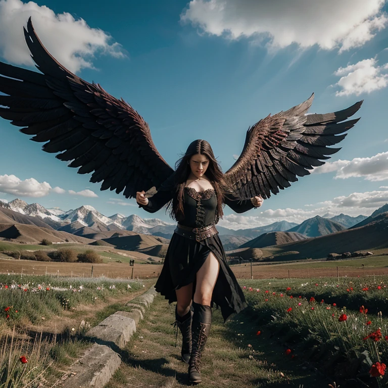 I want images with a white warrior angel flying over a field full of red and black flowers and large mountains of stones around in a gothic and fantastic style
