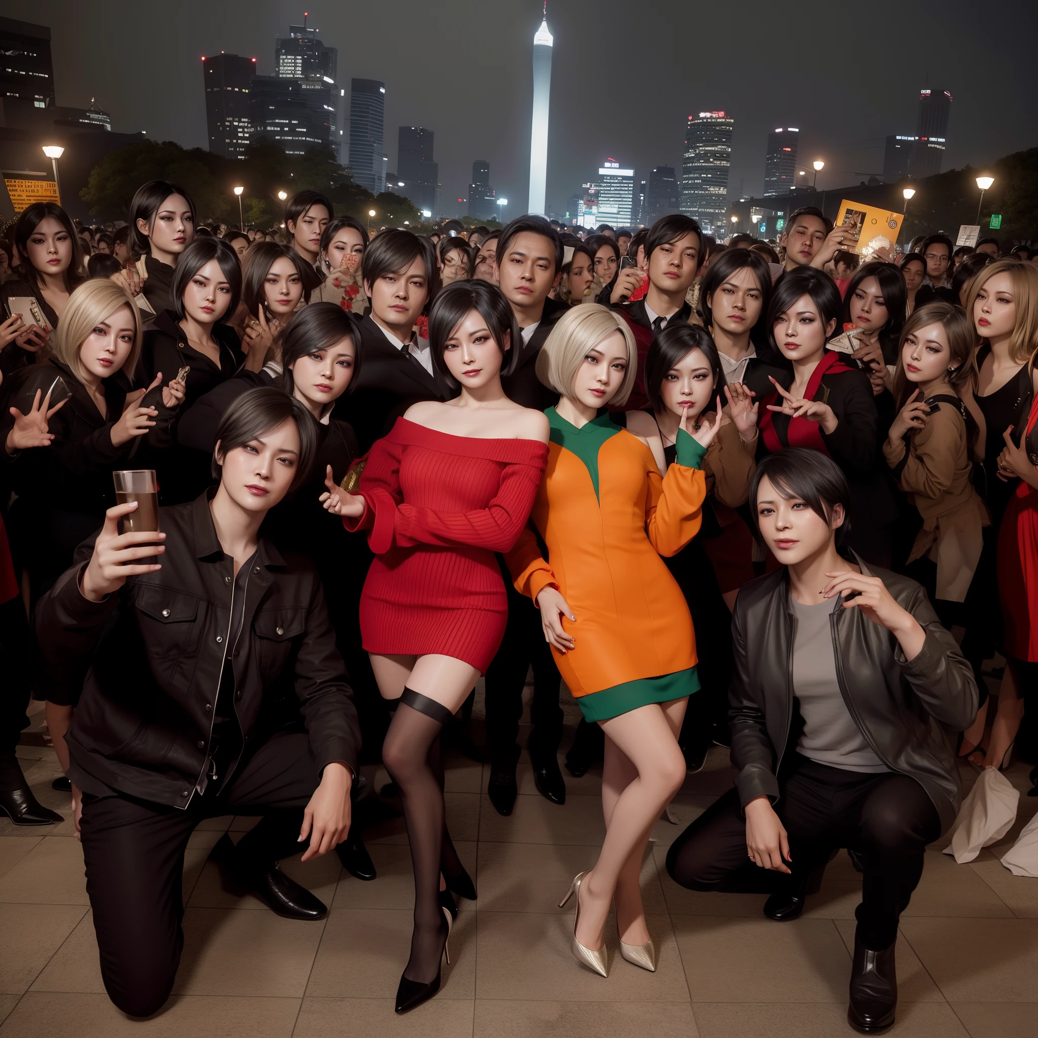 Ada wong, orange off-shoulder red dress, black heels, beautiful face, smile, bob hair