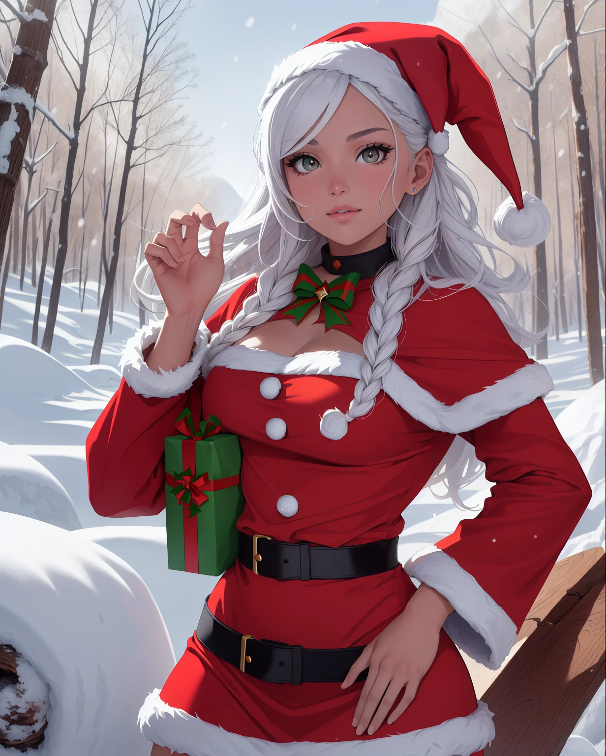 (Hermosa mujer)，Navidad，Un cabello oscuro，Bobsleigh medio，(Vestido con el traje de Santa Claus:1.4), More detailed 8K.motor irreal:1.4,UHD,La mejor calidad:1.4, fotorrealista:1.4, textura de la piel:1.4, obra maestra:1.8,obra-prima, mejor calidad,objeto Objeto], (detailed face features:1.3),(bosque congelado nieve:1.4),posing for camera:1.4), (manos Detallado:1.4),Minifalda roja :1.4)