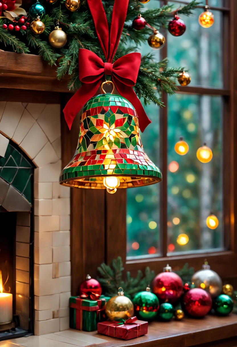 (a cute Christmas Jingling Bell for a mosaic ),aterial:mosaic,adolable; Additional details:a warm and cozy living room, colorful Christmas lights, a beautifully decorated Christmas tree, a crackling fireplace; image quality:(best quality, highres, realistic:1.37), vivid colors, sharp focus; art-style: holiday, mosaic art, Christmas atmosphere, festive; Color tones:warm tones, red and green accents; lamplight:soft, warm lighting.