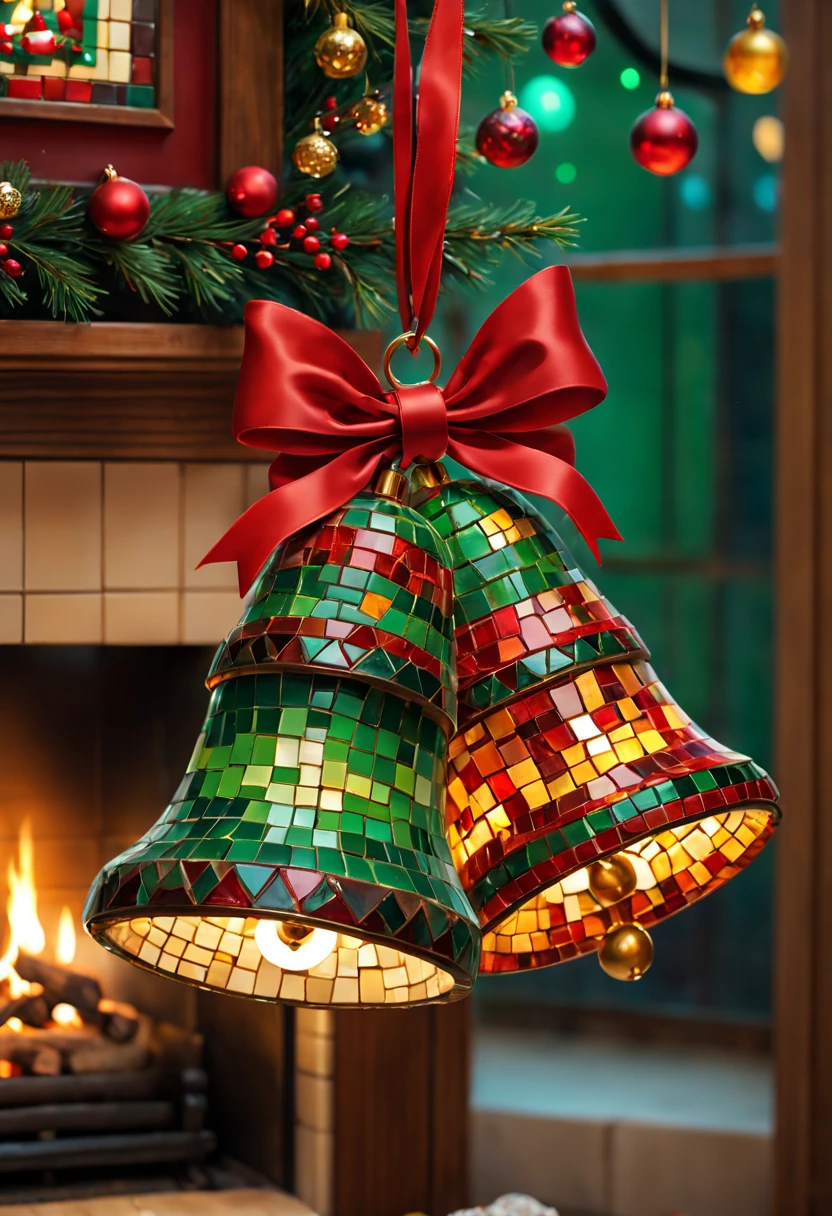 (a cute Christmas Jingling Bell for a mosaic ),aterial:mosaic,adolable; Additional details:a warm and cozy living room, colorful Christmas lights, a beautifully decorated Christmas tree, a crackling fireplace; image quality:(best quality, highres, realistic:1.37), vivid colors, sharp focus; art-style: holiday, mosaic art, Christmas atmosphere, festive; Color tones:warm tones, red and green accents; lamplight:soft, warm lighting.