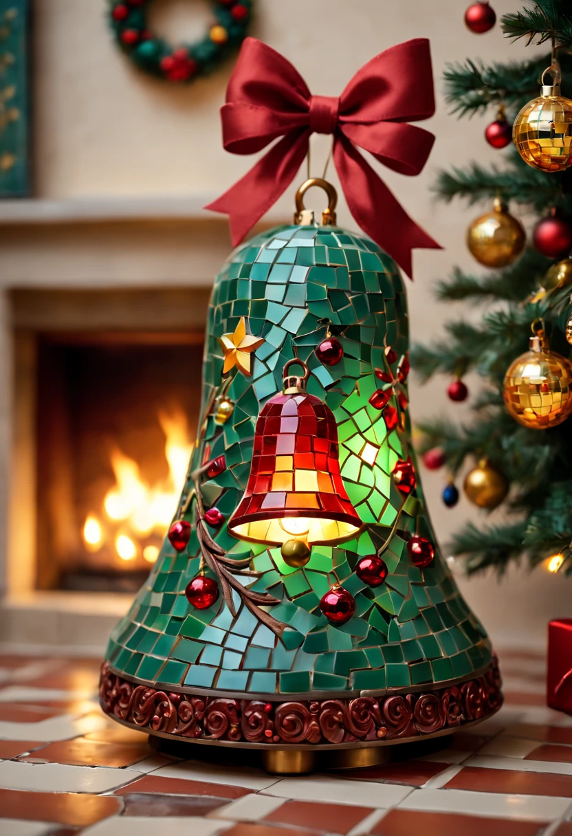 (a cute Christmas Jingling Bell for a mosaic ),aterial:mosaic,adolable; Additional details:a warm and cozy living room, colorful Christmas lights, a beautifully decorated Christmas tree, a crackling fireplace; image quality:(best quality, highres, realistic:1.37), vivid colors, sharp focus; art-style: holiday, mosaic art, Christmas atmosphere, festive; Color tones:warm tones, red and green accents; lamplight:soft, warm lighting.