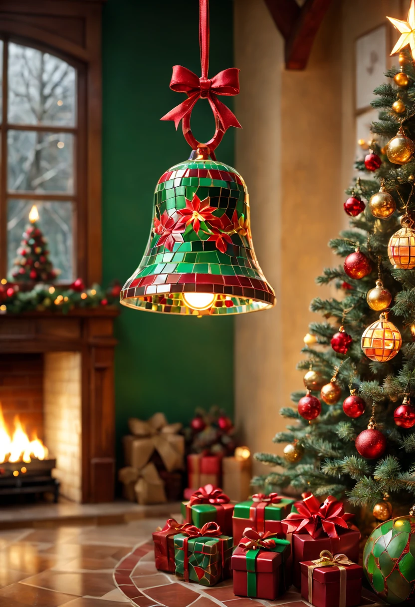 (a cute Christmas Jingling Bell for a mosaic ),aterial:mosaic,adolable; Additional details:a warm and cozy living room, colorful Christmas lights, a beautifully decorated Christmas tree, a crackling fireplace; image quality:(best quality, highres, realistic:1.37), vivid colors, sharp focus; art-style: holiday, mosaic art, Christmas atmosphere, festive; Color tones:warm tones, red and green accents; lamplight:soft, warm lighting.