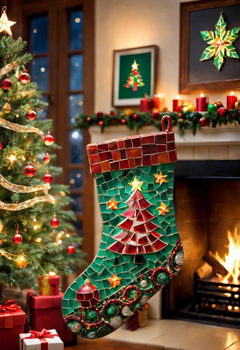 a cute mosaic Christmas bell hanging on the Christmas tree, a cute mosaic Christmas stocking,aterial:mosaic,adolable; Additional details:a warm and cozy living room, colorful Christmas lights, a beautifully decorated Christmas tree, a crackling fireplace; image quality:(best quality, highres, realistic:1.37), vivid colors, sharp focus; art-style: holiday, mosaic art, Christmas atmosphere, festive; Color tones:warm tones, red and green accents; lamplight:soft, warm lighting.