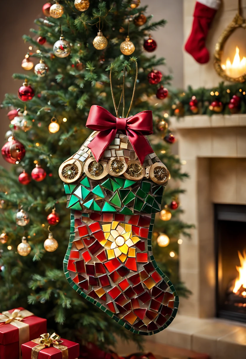 a cute mosaic Christmas bell hanging on the Christmas tree, a cute mosaic Christmas stocking,aterial:mosaic,adolable; Additional details:a warm and cozy living room, colorful Christmas lights, a beautifully decorated Christmas tree, a crackling fireplace; image quality:(best quality, highres, realistic:1.37), vivid colors, sharp focus; art-style: holiday, mosaic art, Christmas atmosphere, festive; Color tones:warm tones, red and green accents; lamplight:soft, warm lighting.
