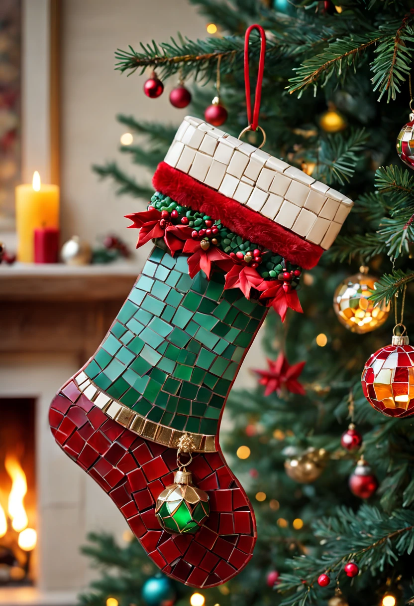 a cute mosaic Christmas bell hanging on the Christmas tree, a cute mosaic Christmas stocking,aterial:mosaic,adolable; Additional details:a warm and cozy living room, colorful Christmas lights, a beautifully decorated Christmas tree, a crackling fireplace; image quality:(best quality, highres, realistic:1.37), vivid colors, sharp focus; art-style: holiday, mosaic art, Christmas atmosphere, festive; Color tones:warm tones, red and green accents; lamplight:soft, warm lighting.