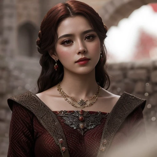 Close-up of an woman wearing a red dress and a necklace, Usando ribes doradas, Retrato de Reina Medieval, Reina Medieval, Antigua Reina, ulzzang, maquillaje popular de Corea del Sur, Fantasy Character Frame, Mujer medieval, Estilo medieval, Estilo Juego de Tronos, Fotograma de Juego de Tronos, pale-skin