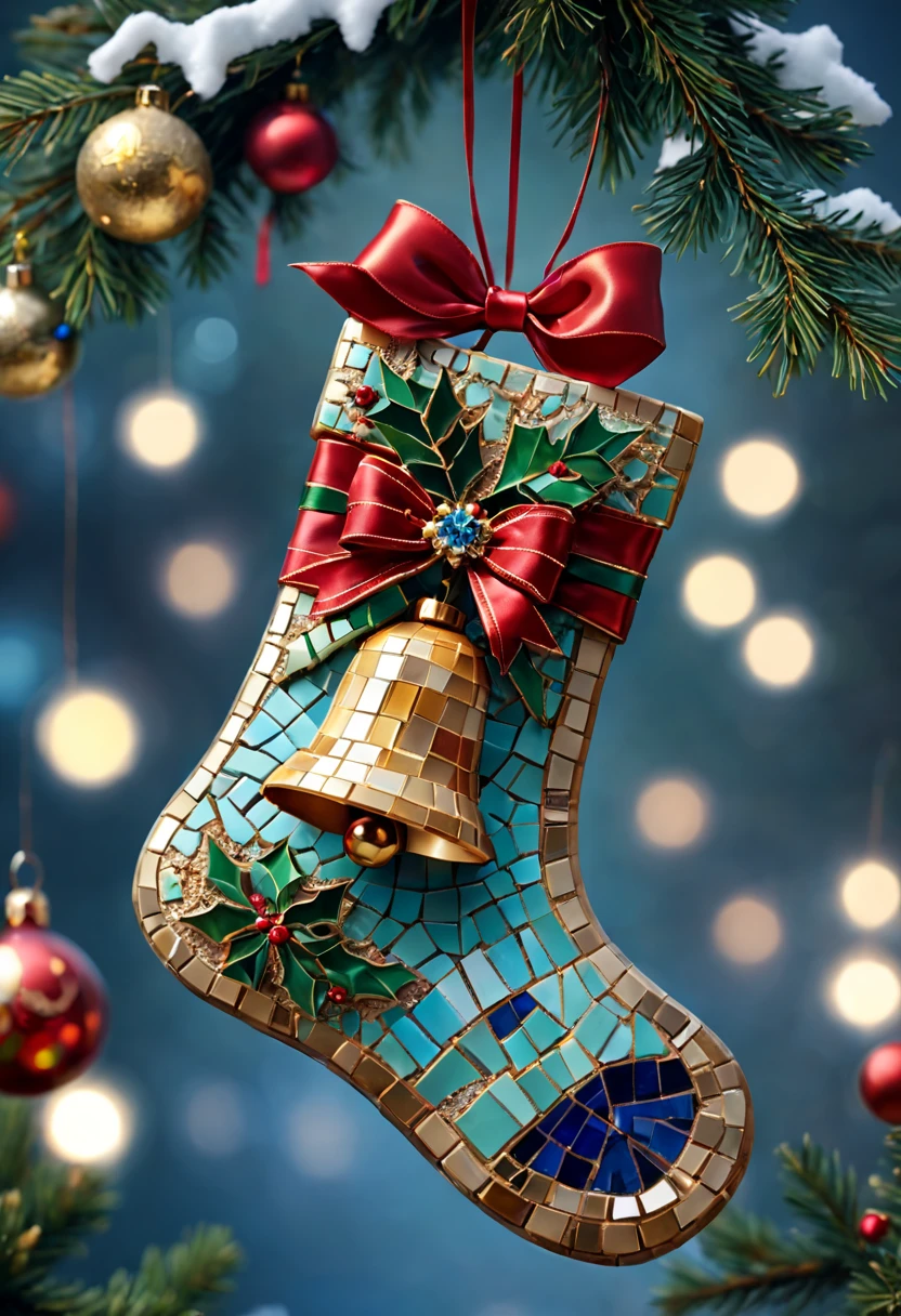 (a cute mosaic Christmas bell hanging on the Christmas tree, a cute mosaic Christmas stocking) (best quality,4k,8k,highres,masterpiece:1.2),ultra-detailed,(realistic,photorealistic,photo-realistic:1.37),vibrant colors,soft lighting,ornate ornaments,winter wonderland,sparkling lights,shimmering reflections,cozy atmosphere,magical ambiance,HDR,holiday spirit,mysterious shadows,delicate patterns,precise details,exquisite craftsmanship,joyful celebration,festive vibes,merry and bright scenery,warmth and happiness,traditional and nostalgic vibes