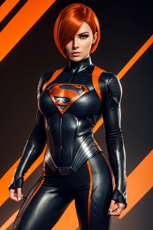 4k highly detailed realistic female superhero dressed in cropped carbon fiber, orange hair in a short undercut bob hairstyle, hair covering one eye, ((sharp Jawline)), (full body Including Legs), Seduction and fantastic poses