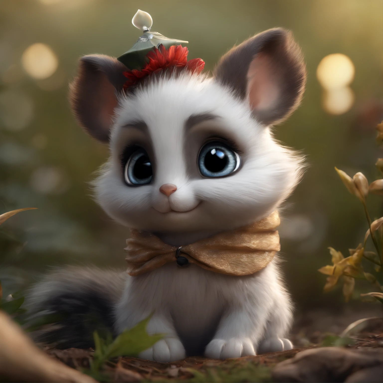 Close up of cute tiny fireflies, illuminate the bush, a detailed painting, cgsociety, Detailed painting, artstation hd, high detail, cgsociety, photo realism, Concept art, artstation hd, official arts, bokeh ,gremlin, like a gopher, petite girl, big breastes, windy character, fighting look,   Short legs, fluffy tail and miniature ears, The back is earthy gray.. spots are visible, longitudinal stripes. Belly is light, gifts in paws, brown fur, short tail, black leather coat, New Year&#39;New Year's cap, The clothes, Best Quality, Masterpiece, in style of dark fantasy art