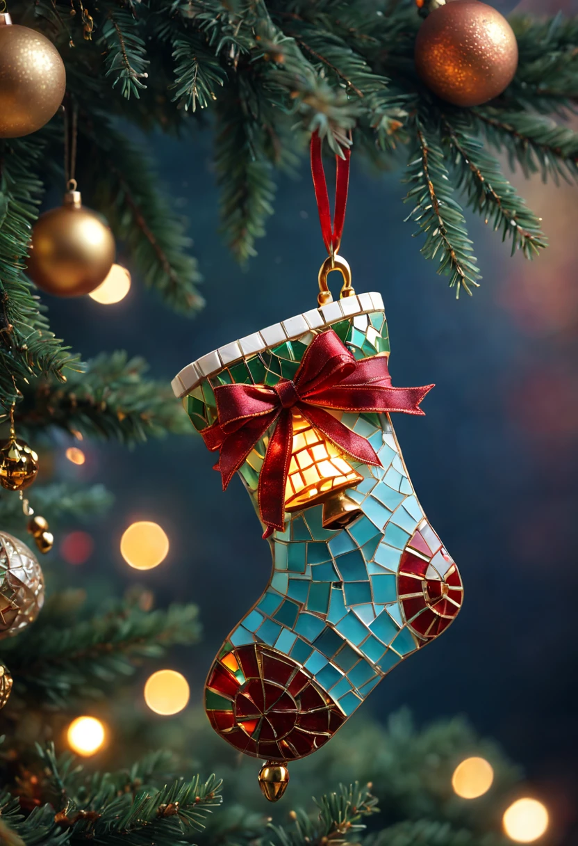 (a cute mosaic Christmas Jingling Bell hanging on the Christmas tree, a cute mosaic Christmas stocking) (best quality,4k,8k,highres,masterpiece:1.2),ultra-detailed,(realistic,photorealistic,photo-realistic:1.37),vibrant colors,soft lighting,ornate ornaments,winter wonderland,sparkling lights,shimmering reflections,cozy atmosphere,magical ambiance,HDR,holiday spirit,mysterious shadows,delicate patterns,precise details,exquisite craftsmanship,joyful celebration,festive vibes,merry and bright scenery,warmth and happiness,traditional and nostalgic vibes