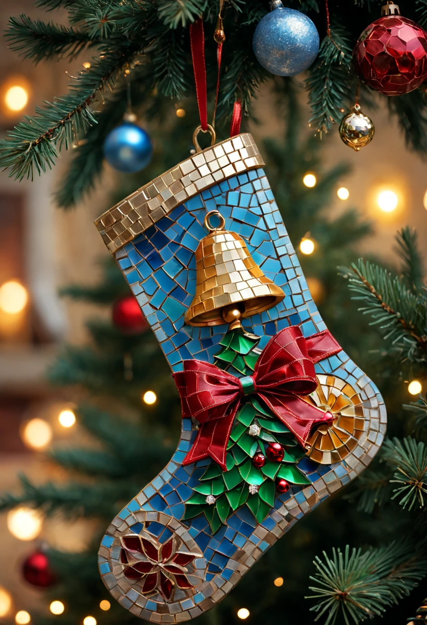 (a cute mosaic Christmas Jingling Bell hanging on the Christmas tree, a cute mosaic Christmas stocking) (best quality,4k,8k,highres,masterpiece:1.2),ultra-detailed,(realistic,photorealistic,photo-realistic:1.37),vibrant colors,soft lighting,ornate ornaments,winter wonderland,sparkling lights,shimmering reflections,cozy atmosphere,magical ambiance,HDR,holiday spirit,mysterious shadows,delicate patterns,precise details,exquisite craftsmanship,joyful celebration,festive vibes,merry and bright scenery,warmth and happiness,traditional and nostalgic vibes