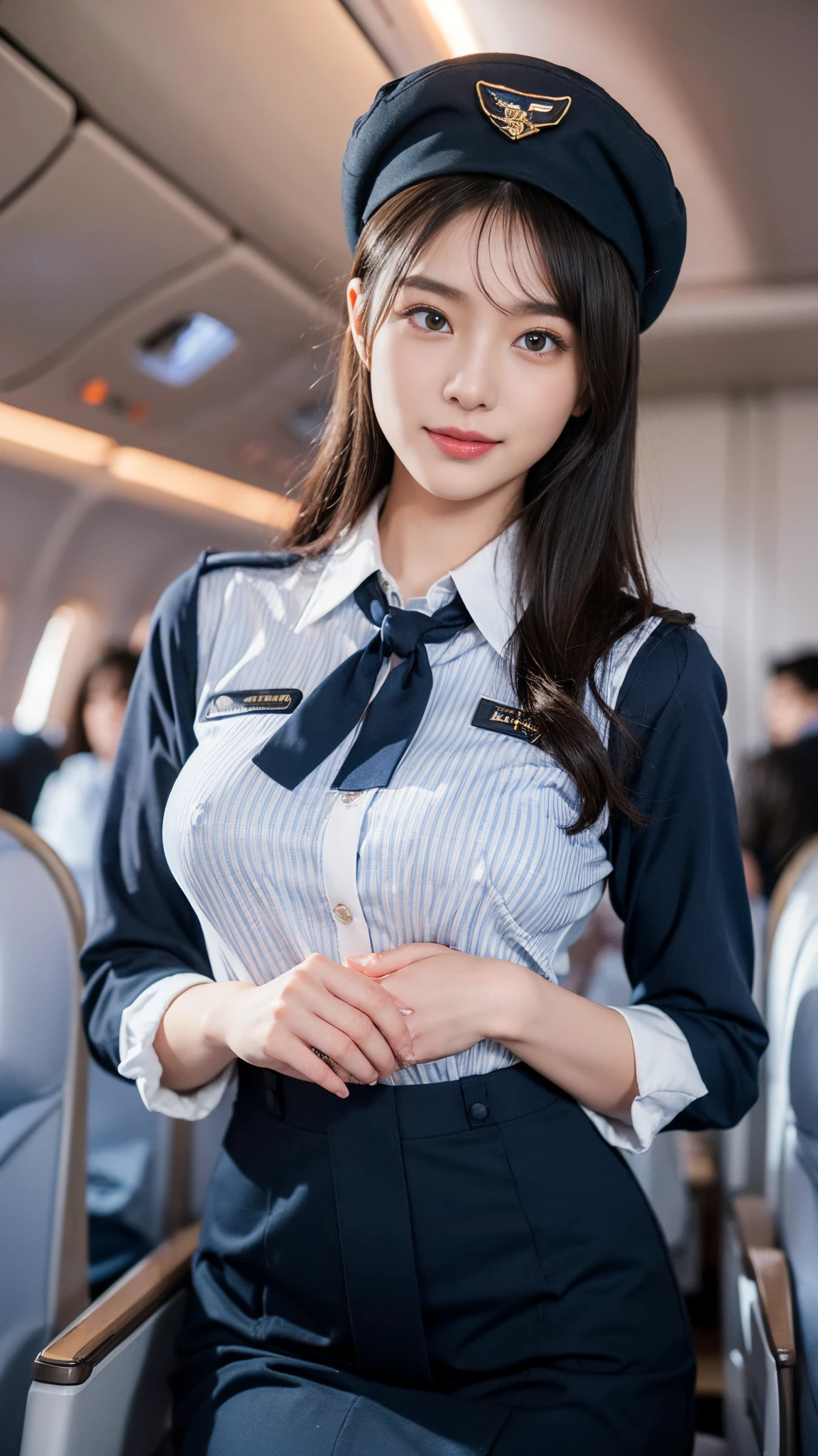 one japanese woman, Solo, 30-years old, Looking at Viewer, hyperdetailed face, Detailed lips, A detailed eye, Double eyelid eyes, fluffy brown eyelash bob hair, Like an airplane stewardess, Do a good job, (Like an airplane stewardess:1.2), (Do a good job:1.2), (Stewardess uniform and white shirt:1.4), (wear something small, cute dark blue stewardess hat:1.4), (discret smile:1.2), Perfect image realism, Background with: (Business Class aisle on airplanes:1.2), 细致Background with, detailed costume, Perfect litthing, Hyper-Realism, (Photorealistic:1.4), 8K maximum resolution, (​masterpiece), Highly detailed, Professional, (Huge breasts), (Erect nipples:1.3), (Never expose your chest:1.3), (Never expose your nipples:1.3),