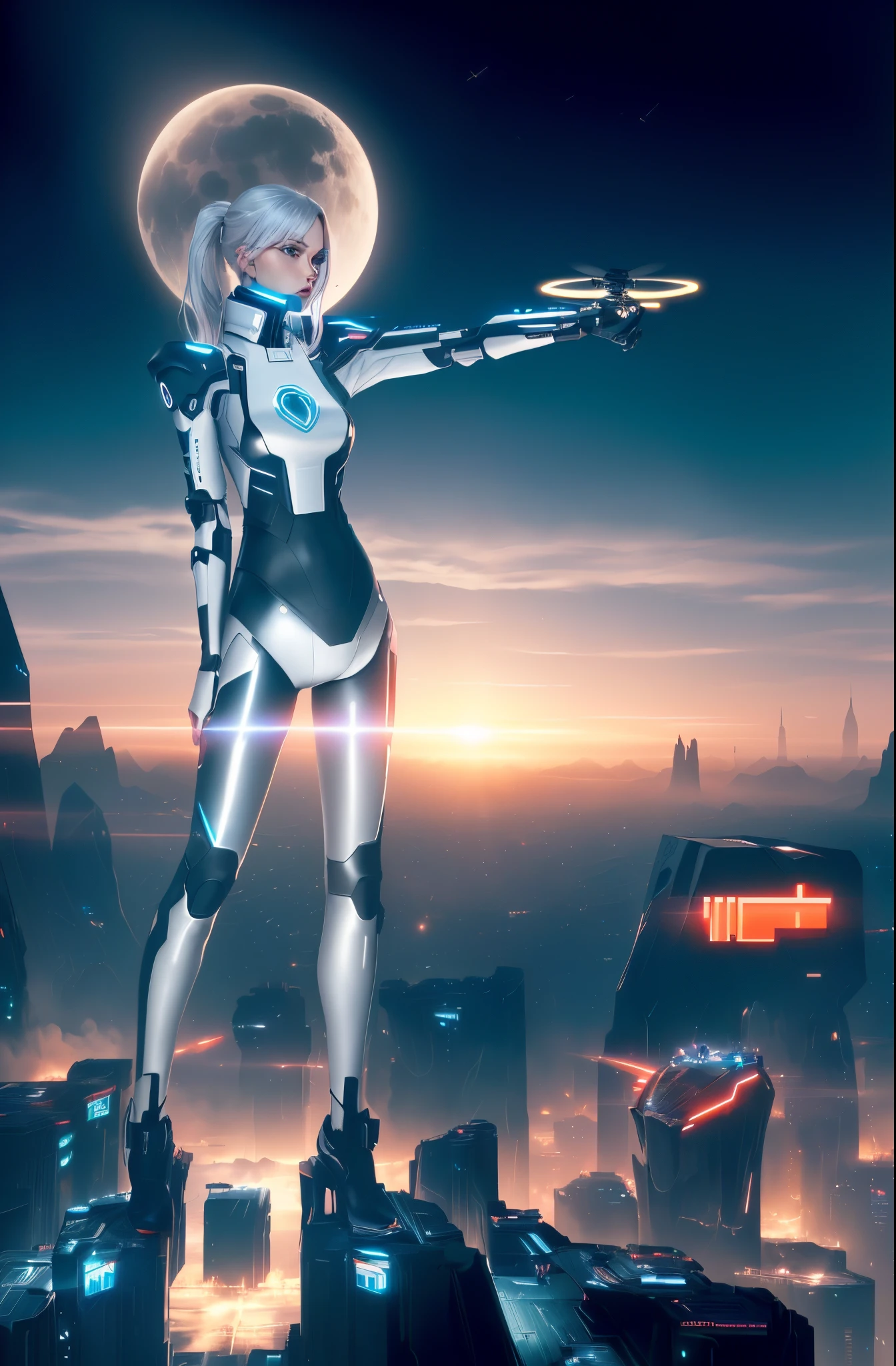 Full body view. Futuristic high tech hacker german European human female with a beautiful slim figure in her skin-tight all-black bodysuit with beautiful artificial eyes and a small army of drones in an epic pose looking down on you in the darkest night of a futuristic dark harbour with a dark city behind her in cyberspace. Cyberspace. Beautiful black open straight hair. Self-confident. High heels built into her suit. All black. White skin. German. A red high-tech high-speed racing motorcycle like tron in the background. Up-looking perspektive.