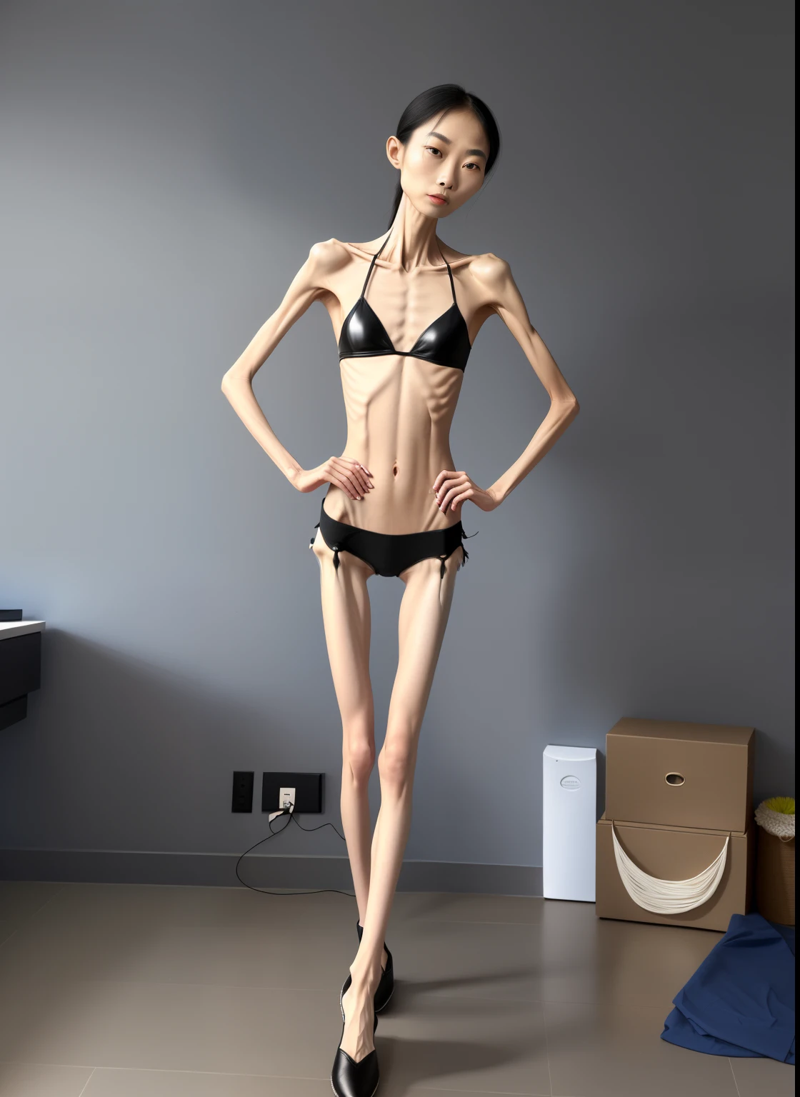 very thin woman，The body  very thin，female sternum，Protruding sternum，The sternum  distinct，The waist  very thin，The ribs are noticeable，Protruding ribreathing deeply，The crotch protrudes，The pelvic protrusion  very obvious，Clear outline of pelvis，The crotch protrudes，thin shoulde，The waist  very thin，Sunken abdomen，Abdominal muscle atrophy，Delicate arms，arm muscle atrophy，The legs are thin and thin，Slender thighs，Knees are obviously protruding，Ankle bulges，The ankle bones are obvious，The leg bones are obvious，leg muscle atrophy，anorexia，Wear tight leather pants，Wear slippers，Significant atrophy of dorsalis pedis muscles，Asia face，Haggard expression，weeping，Excessive weight loss，sunken face，Apply lipstick，Severe malnutrition，Body as thin as a skeleton